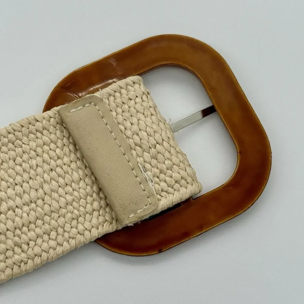 Straw Stretch Woven Belt Womens Natural -Rattan Buckle 48